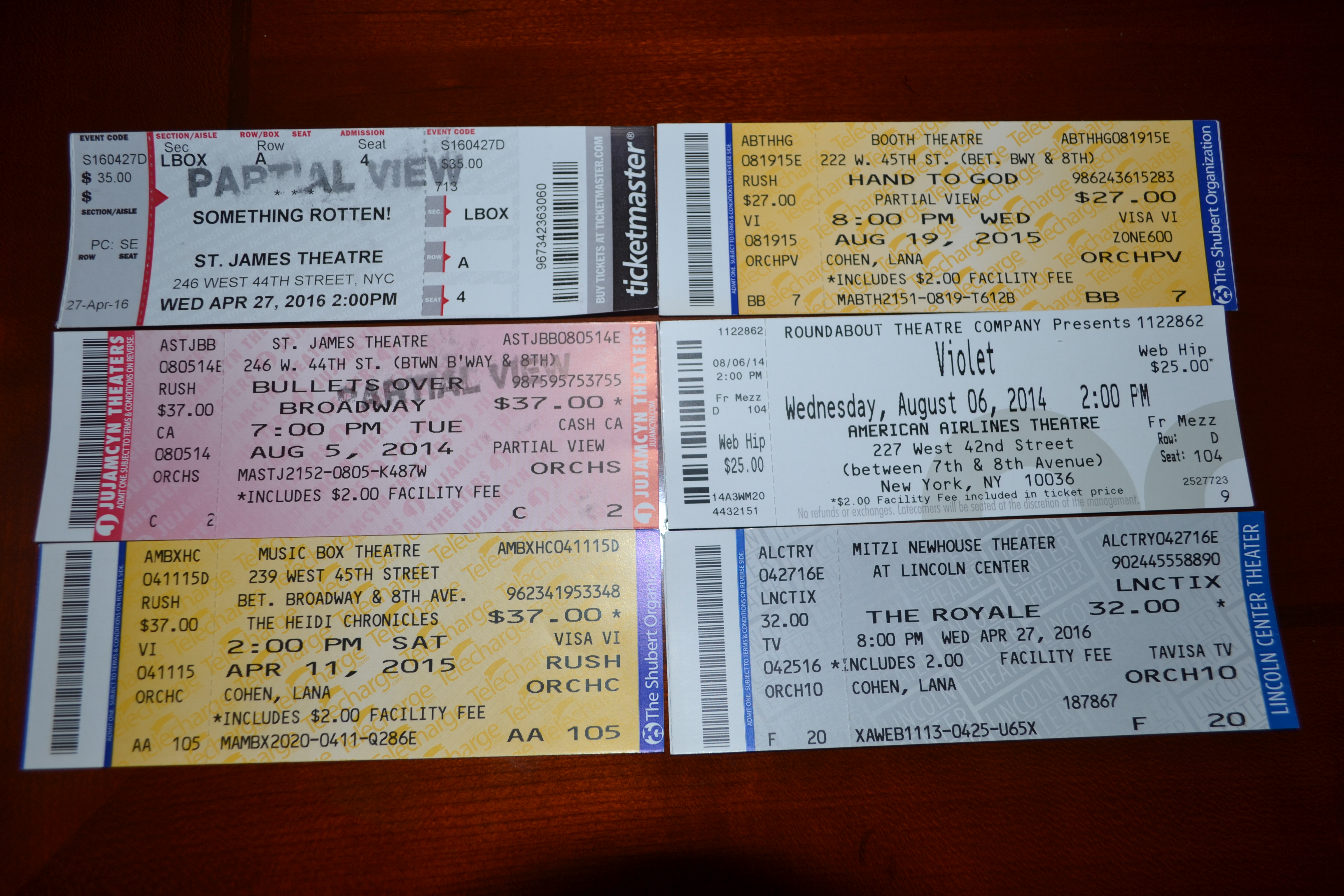 A variety of Broadway ticket stubs I've racked up on the cheap since living in Milan (including HIPTIX & LincTix!)