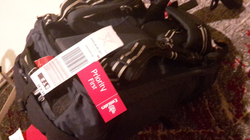 Sri Lanka Colombo backpack with Emirates First tag Rules to Travel By