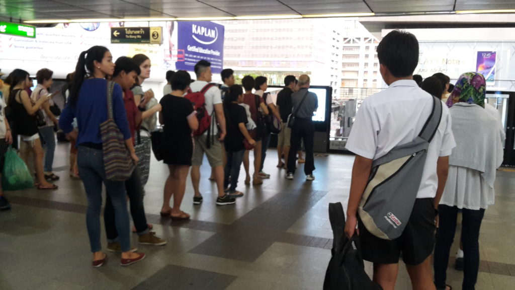 Orderly lines at the Skytrain station