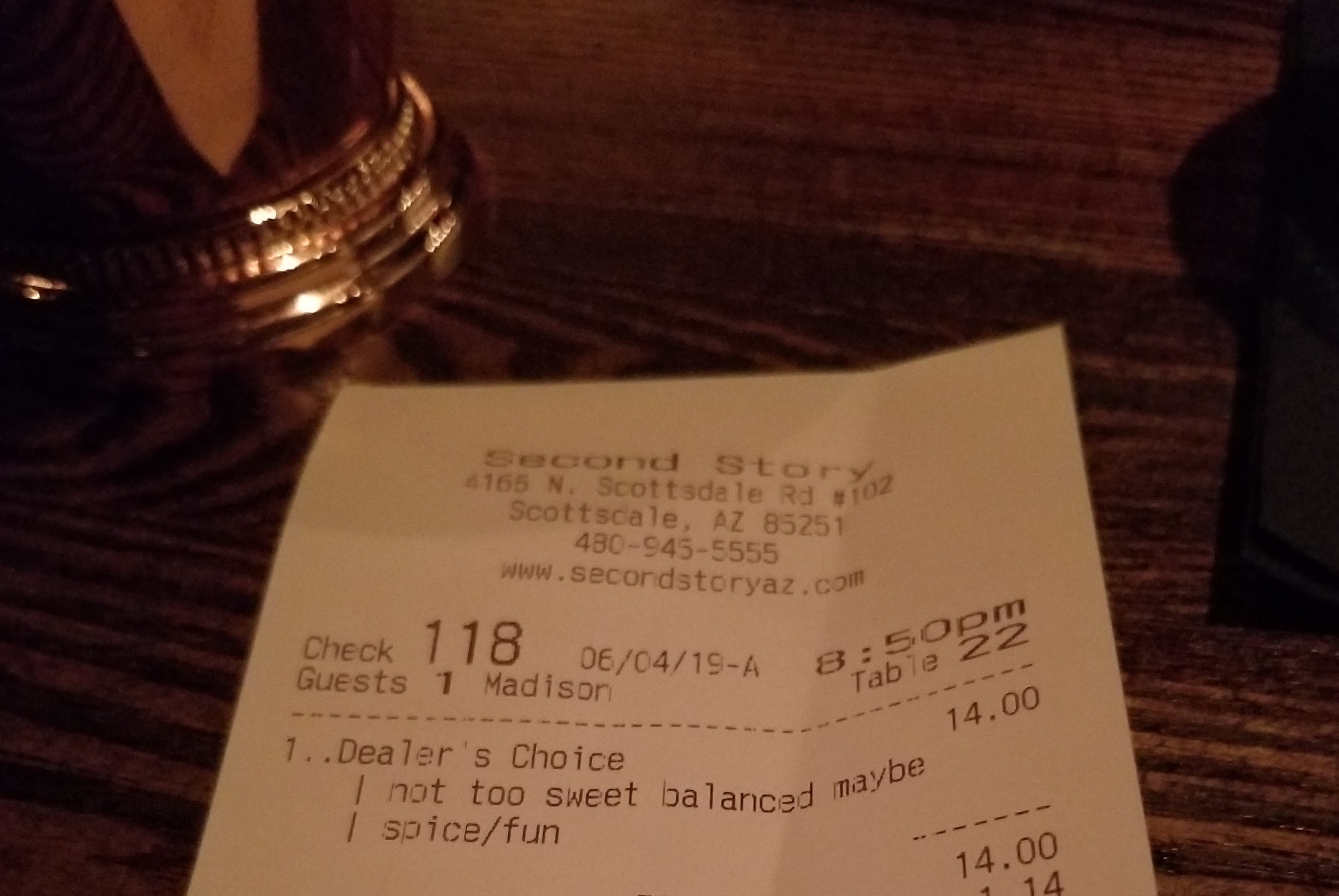 Off menu drink order on receipt from Second Story Old Town Scottsdale